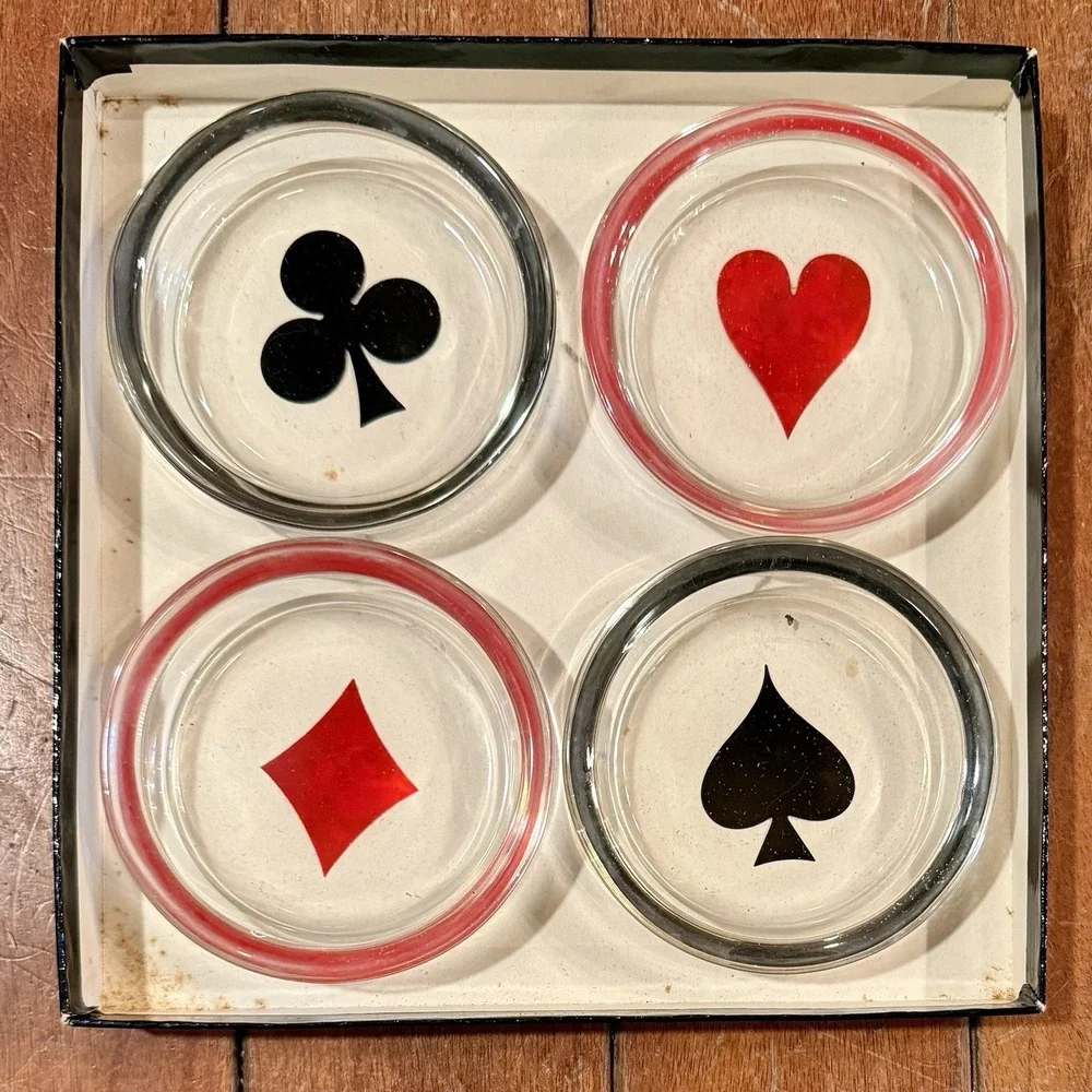 Vintage SETof4 Cards Heart Diamond Club Spade Glass Coasters Poker MCM Nut Dish